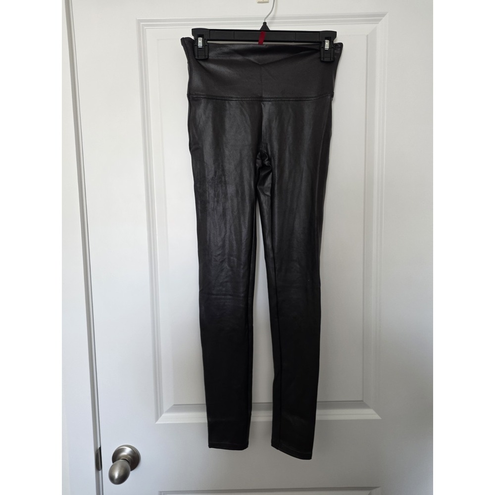 SPANX Faux Leather Leggings Women's M Black Rise Ankle Stretch Waist